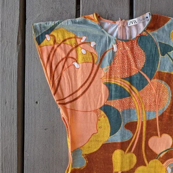 Zara Colorful Retro Floral Maxi Dress, Multicolored Knit Side Cutout Small Size - Picture 6 of 12